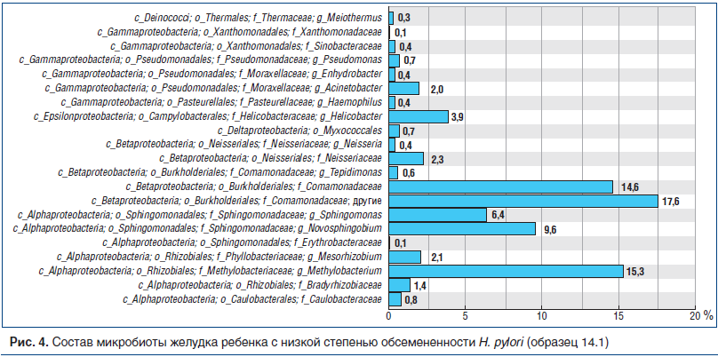 Рис. 4. Состав микробиоты желудка ребенка с низкой степенью обсемененности H. pylori (образец 14.1)