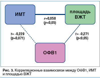 Рис. 3. Корреляционные взаимосвязи между ОФВ1, ИМТ и площадью ВЖТ