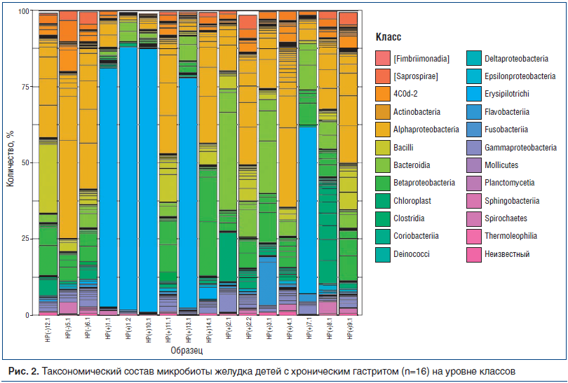 Рис. 2. Таксономический состав микробиоты желудка детей с хроническим гастритом (n=16) на уровне классов